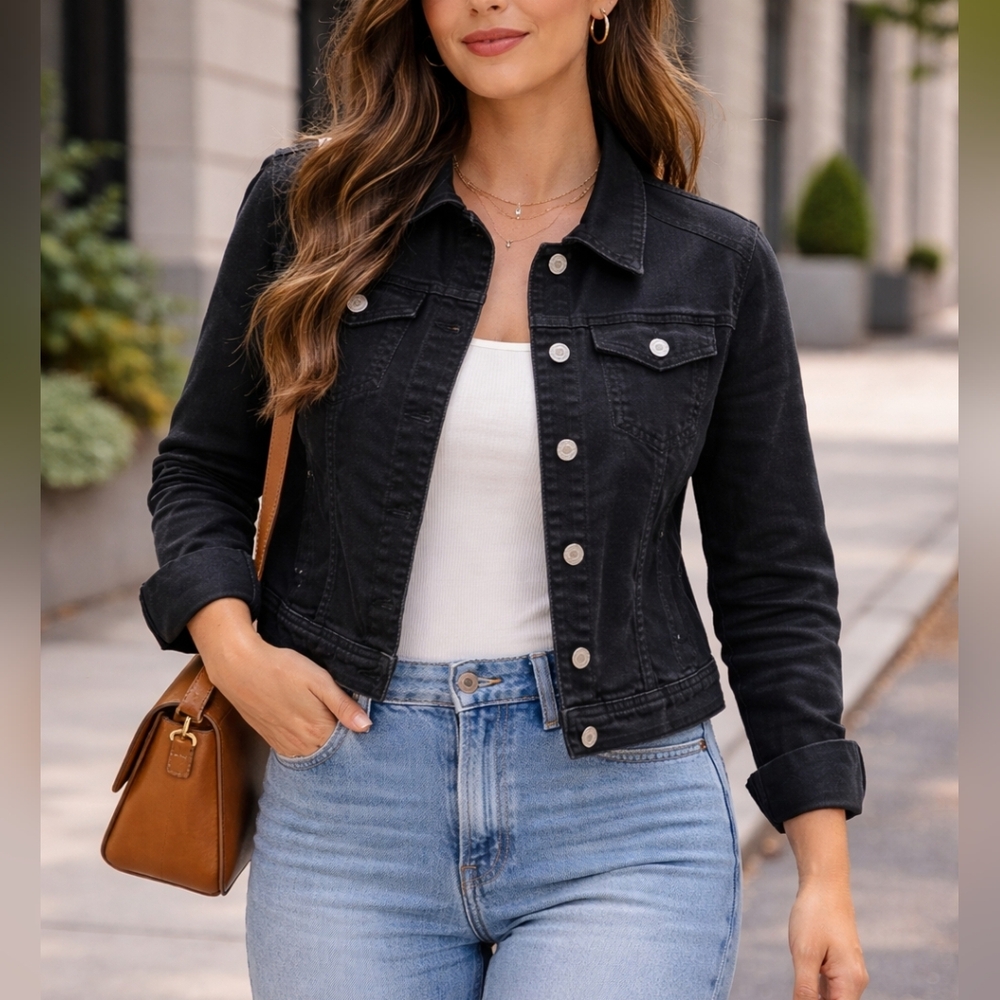 Contemporaine Black Denim Jacket Size S Stretch Cotton Classic Fitted Jacket